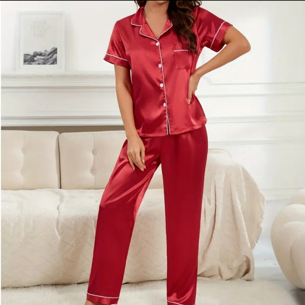 Women's Short Sleeved Pajama Set Red With White Trim